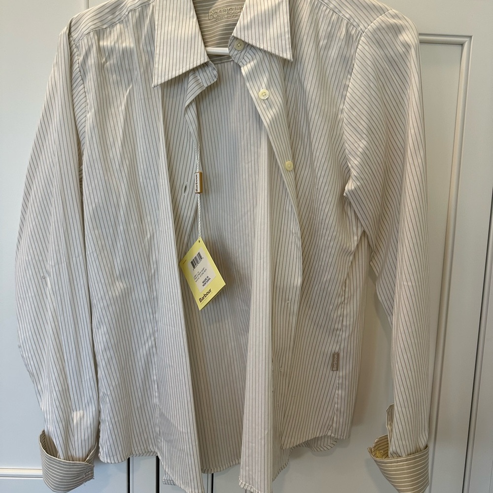 Barbour NWT women’s stretch pinstriped button down white and stone size 10 - Picture 7 of 7
